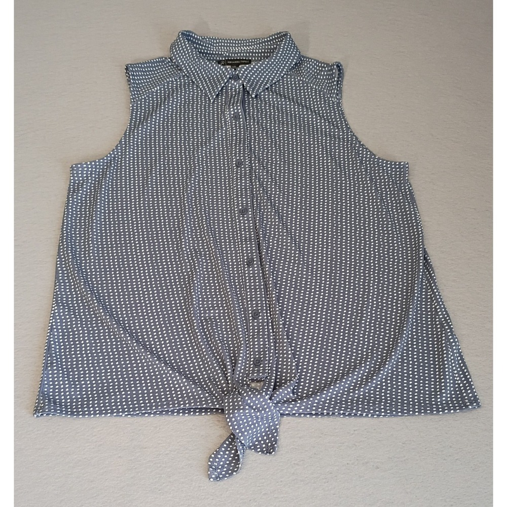 Adrienne Pappell Blue with White Polka Dots Sleeveless Tie Blouse Sz Med‎ Casual
